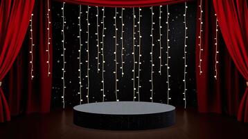 An elegant stage with a circular podium, illuminated by string lights against a backdrop of red curtains. photo