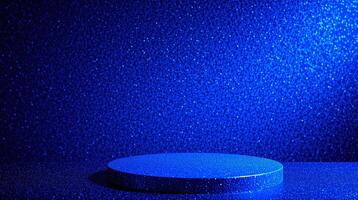 A circular platform with a glittery blue backdrop. photo