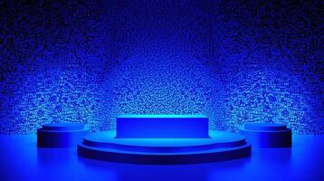 Three circular platforms, each encircled by a blue light, positioned symmetrically against a backdrop of intricate blue patterns. photo
