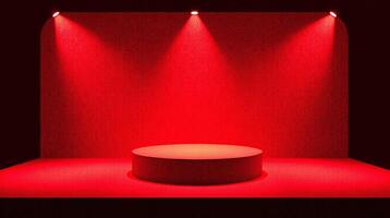 A red-lit podium stands against a dark background, illuminated by three spotlights. photo