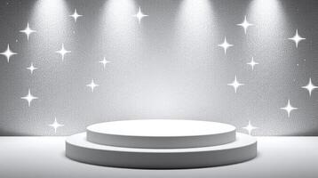 A circular, illuminated podium stands against a textured, starlight backdrop. photo