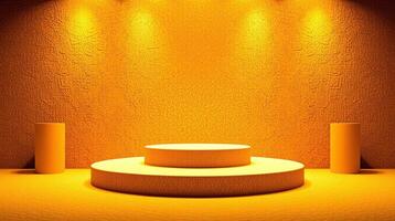 A minimalist scene with textured walls and a central, illuminated platform. photo