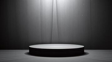 Circular platform illuminated by spotlight against textured backdrop. photo