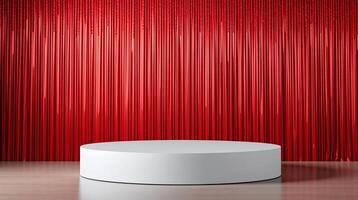 A circular podium is set against a shimmering red curtain backdrop. photo