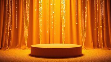 Gleaming yellow lights cascade from golden curtains, illuminating an empty stage. photo