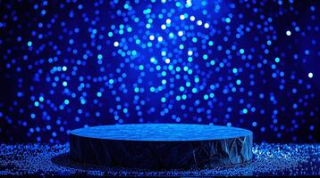 A circular platform, illuminated by a radiant blue light source, set against a vast, starry expanse. photo