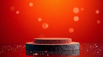 A black podium with a red speckled surface stands against a vibrant red background adorned with circular light reflections. photo