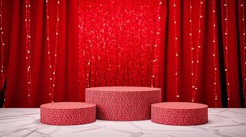 A richly adorned stage with red curtains and illuminated decor. photo