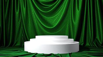 A pristine white podium stands against a shimmering green backdrop, evoking an air of elegance and sophistication. photo