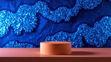 A minimalist, empty podium against a vibrant blue, textured backdrop. photo