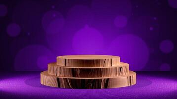 Tri-level wooden pedestal against a vibrant, blurred background. photo