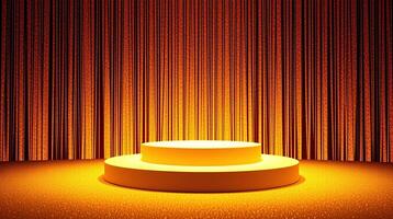 Circular platform illuminated by warm, glowing light against a shimmering backdrop. photo
