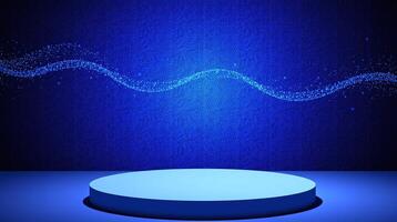 A solid blue circular platform illuminated by a wave of streaked blue light against a textured blue backdrop. photo