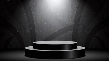 The image depicts a minimalist, black and white scene featuring a circular platform illuminated by a powerful light source against a textured, dark background. photo
