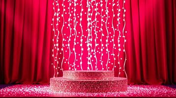 The image showcases a scene of elegance, with a red curtain framing a sparkling podium that exudes opulence and refinement. photo