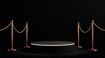 An elegant black pedestal with a golden rim is flanked by luxurious golden barriers against a starry black backdrop. photo