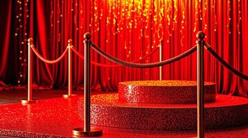 Red stage, gold barriers, glittering backdrop, elegant setting. photo