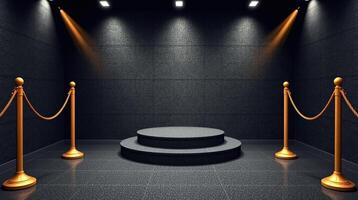 A dark, spacious room with shiny floors and walls lit by warm spotlights. photo