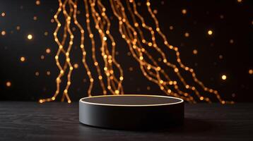 A pedestal illuminated by golden strings of lights on a dark backdrop. photo