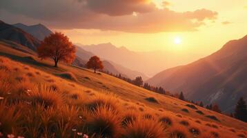 This image depicts a serene landscape at sunset, featuring rolling hills adorned with golden grass and two vibrant orange trees standing out against the warm hues of the sky. photo