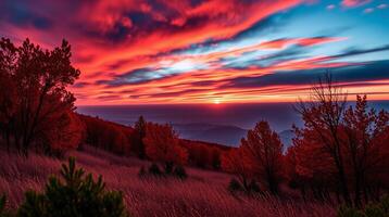 Sunset illuminates the sky with vibrant oranges and pinks, casting a serene glow over the tranquil landscape. photo