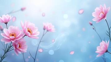 Pink flowers in soft focus against a gentle blue background. photo