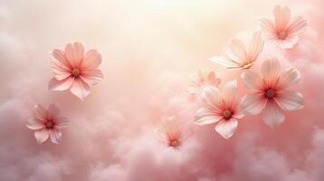 Cherry blossoms ethereally float amidst a soft, rosy cloudscape. photo