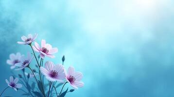 The image depicts a serene, colorful floral arrangement against a ethereal, light blue backdrop. photo