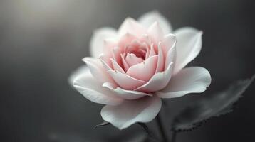 A single, delicate rose blooms against a blurred, monochromatic background. photo