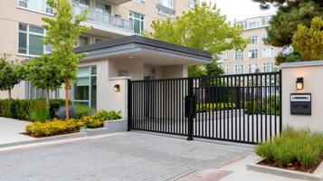 Modern sliding gate securing access to condominium building photo