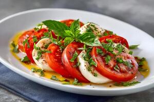 Fresh caprese salad with mozzarella cheese, tomatoes, basil and olive oil dressing photo