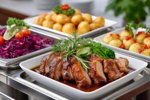 Catering buffet with roast duck, potatoes, red cabbage and dumplings, offering a variety of delicious dishes photo