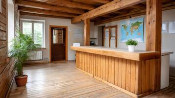 Wooden reception desk with world map showing global business in rustic office photo