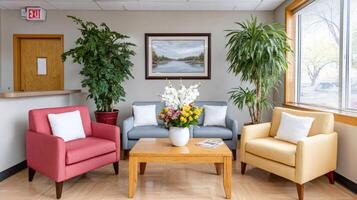 Comfortable waiting room with colorful armchairs and plants creating a welcoming atmosphere photo