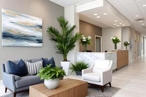 Modern office lobby interior design with reception desk and waiting area featuring stylish furniture photo