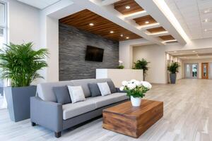 Modern office lobby interior design featuring comfortable seating and stylish decor photo