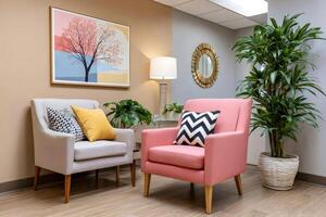Modern waiting room with comfortable armchairs and plants creating a relaxing atmosphere photo
