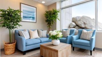 Modern waiting room with blue furniture and large window showing rocks photo