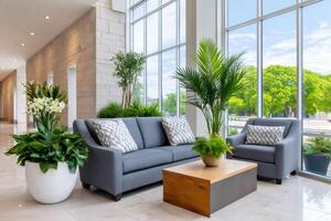 Comfortable waiting area with sofa and armchair near large windows illuminating plants photo