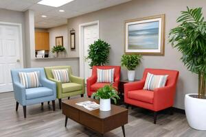 Comfortable waiting room with colorful armchairs and plants creating relaxing atmosphere photo