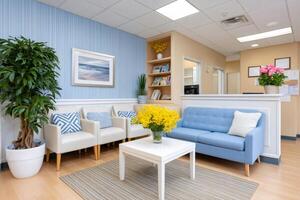 Modern waiting room with comfortable furniture and plants creating a welcoming atmosphere photo