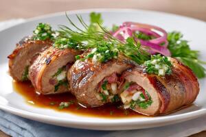 Beef rolls wrapped in bacon with filling and sauce, garnished with herbs and red onion photo