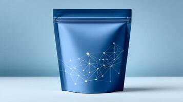 Blue doypack packaging with zipper and molecular pattern standing on light blue background photo