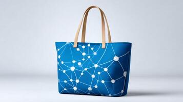 Blue tote bag with network pattern standing on white background photo
