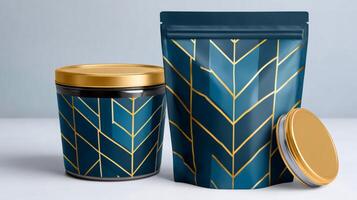 Premium packaging mockup showcasing a glass jar, pouch and metal lid with a luxurious geometric pattern photo