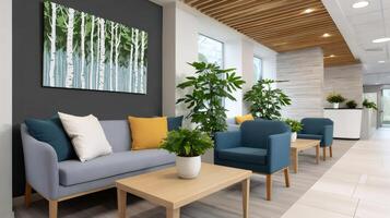 Modern office lobby waiting area with birch trees painting and comfortable furniture photo