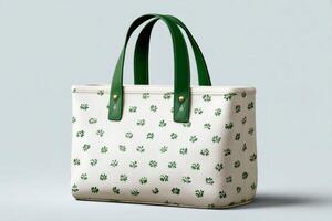 Stylish tote bag with green floral pattern standing upright on plain background photo
