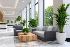 Modern corporate lobby with comfortable seating and large windows providing natural light photo