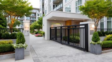 Modern sliding gate securing access to condominium complex photo