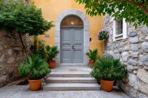 Elegant gray double door of a building with yellow facade and potted plants photo